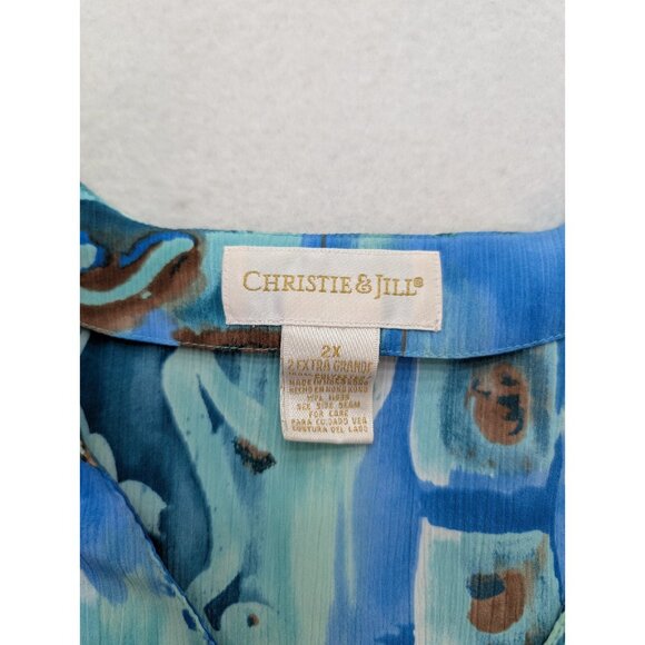 Christie & Jill Women's Top Size 2X Blue Print Short Sleeve Button-up Tunic - Picture 6 of 14